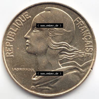 Münze Frankreich 1989, 20 Centimes. Rückseite der alten französischen Umlaufmünze aus Frankreich in der Francs-Währung zum katalogisieren und verwalten im Münzen-Katalog... Sammlung