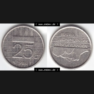 Münzen Niederlande Umlaufmünze 1986, 25 Cent, Bild mit horizontaler Vollansicht als Bildmaterial Sammlung