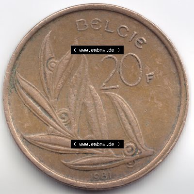 Münzen Belgien Umlaufmünze 1981. Vorderseite der alten belgischen Francs Umlaufmünze aus Belgien vor Einführung der Euromünzen in Belgien zum katalogisieren und verwalten... Sammlung