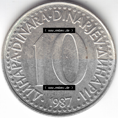Münzen Jugoslawien Umlaufmünze 1987, 10 Dinara, Dinarjev, Bild mit Vorderseite der Münze als Bildmaterial Sammlung