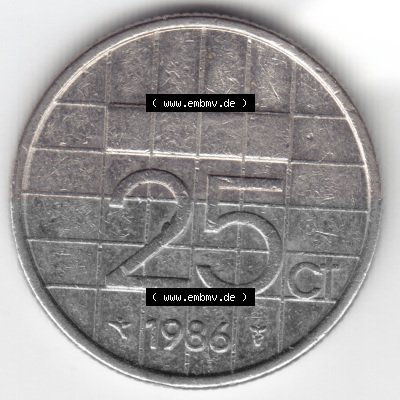 Münzen Niederlande Umlaufmünze 1986, 25 Cent, Bild mit Rückseite der Münze als Bildmaterial Sammlung