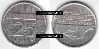 Münzen Niederlande Umlaufmünze 1986, 25 Cent, Bild mit horizontaler Vollansicht als Bildmaterial Sammlung