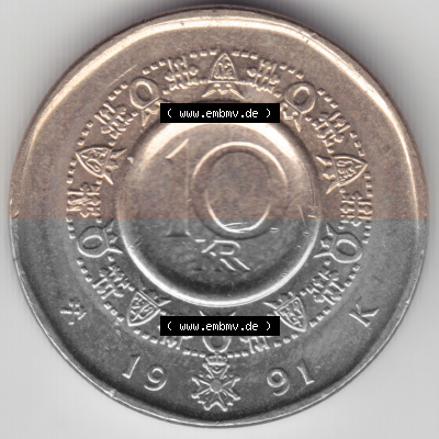 Münzen Norwegen Umlaufmünze 1983-1991, 10 KR Kroner, Kronen 1991, Bild mit Vorderseite der Münze aus Norwegen als Bildmaterial,... Sammlung