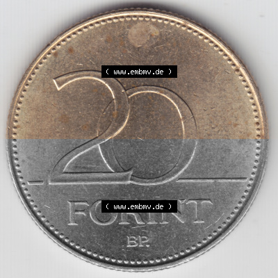 Münzen Ungarn Umlaufmünze 2008, 20 Forint. Rückseite der Münze aus Ungarn als Bildmaterial für Sammler und Münzen-Webseiten... Sammlung