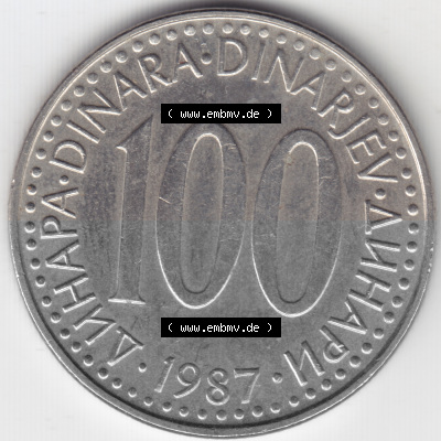 Münzen Jugoslawien Umlaufmünze 1985, 100 Dinara, Dinarjev, Bild mit Vorderseite der Münze als Bildmaterial Sammlung