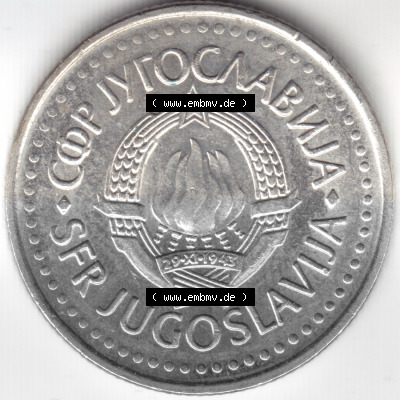 Münzen Jugoslawien Umlaufmünze 1987, 10 Dinara, Dinarjev, Bild mit Rückseite der Münze als Bildmaterial Sammlung