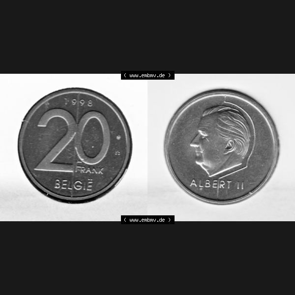 Grau bzw. s/w Münzen Belgien Umlaufmünze 1998, 20 Frank. Vorderseite und Rückseite horizontal auf einen digitalen Bild der alten belgischen Francs Umlaufmünze aus Belgien vor Einführung... Sammlung Graustufen
