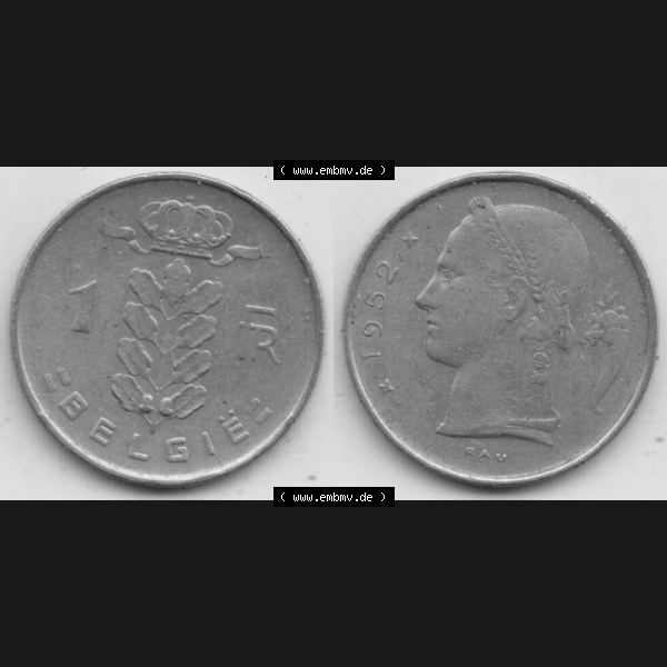 Grau bzw. s/w Münzen Belgien Umlaufmünze 1950-1988, 1 Francs-Franken 1952 Belgie. Vorderseite und Rückseite horizontal auf einen digitalen Bild der alten belgischen Francs Umlaufmünze... Sammlung Graustufen