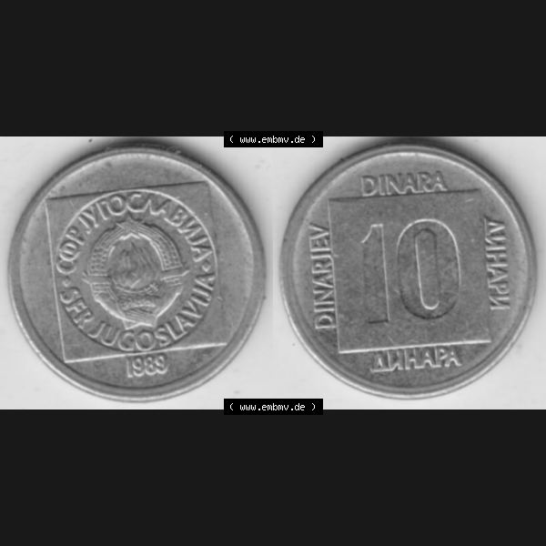Grau bzw. s/w Münzen Jugoslawien Umlaufmünze 1988-1989, 10 Dinar 1989, Bild mit Vollansicht als Bildmaterial Sammlung Graustufen