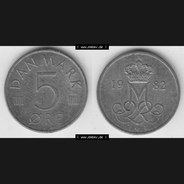 Grau bzw. s/w Münzen Dänemark Umlaufmünze 1982-1988, 5 Öre 1982 Kursmünzen. Vorderseite und Rückseite horizontal auf einen digitalen Bild der alten dänischen Umlaufmünze... Sammlung Graustufen