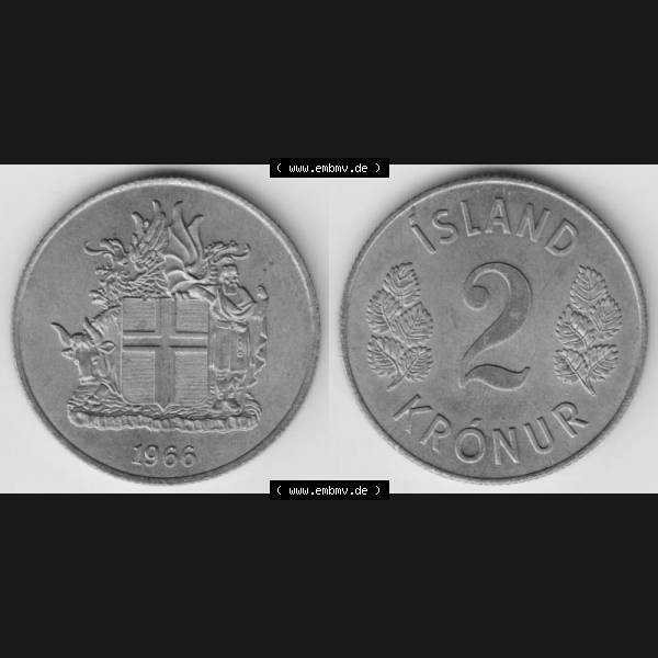 Grau bzw. s/w Münzen Island Umlaufmünze 1958-1966, 2 KR Kronur, Kronen 1966. Vorderseite und Rückseite horizontal auf einen digitalen Bild der alten Isländischen Umlaufmünze... Sammlung Graustufen