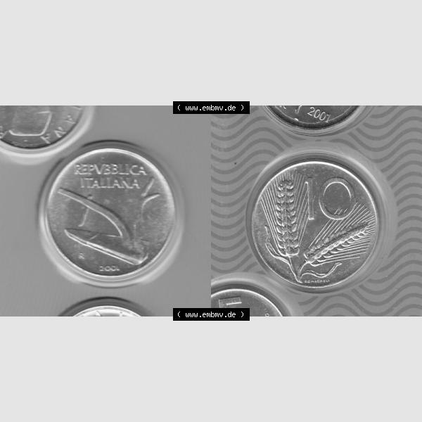 Grau bzw. s/w Münzen Italien Umlaufmünze 1951-2001, 10 Lira-Lire Kleine Münze 2001. Vorderseite und Rückseite horizontal auf einen digitalen Bild der alten italienischen Münze aus... Sammlung Graustufen