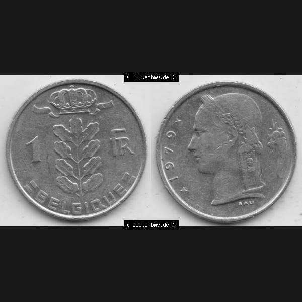 Grau bzw. s/w Münzen Belgien Umlaufmünze 1950-1988, 1 Francs-Franken 1979 Belgique. Vorderseite und Rückseite horizontal auf einen digitalen Bild der alten belgischen Francs Umlaufmünze... Sammlung Graustufen