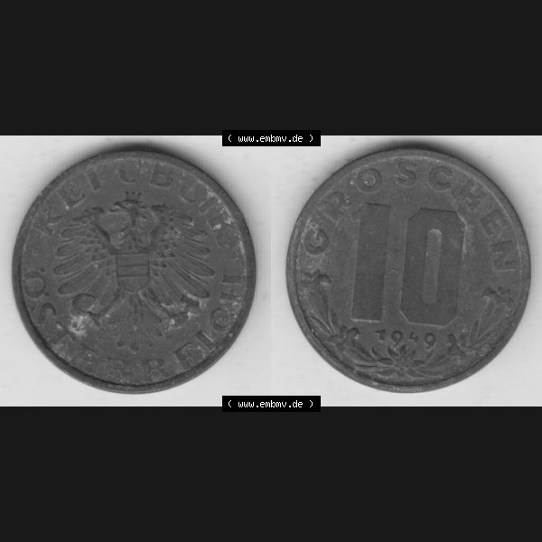 Grau bzw. s/w Münzen Österreich Umlaufmünze 1947-1949, 10 Groschen 1949 I., Münze aus Österreich mit Münzseiten Horizontal / Nebeneinander auf einen Bild für... Sammlung Graustufen