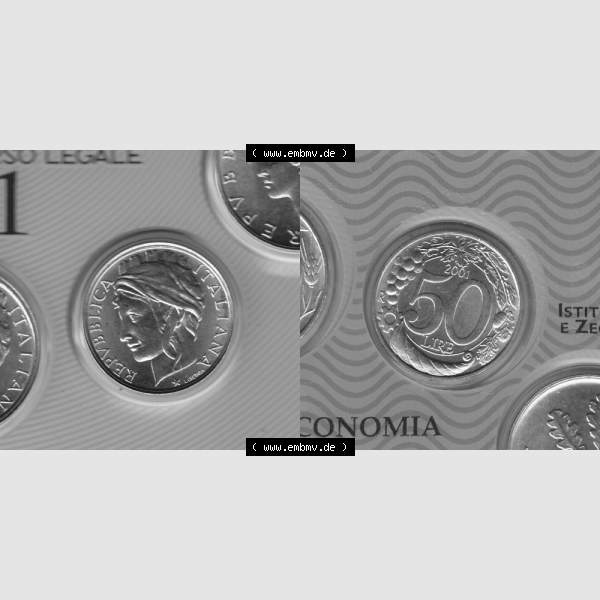 Grau bzw. s/w Münzen Italien Umlaufmünze 1996-2001, 50 Lira-Lire Vor Euro 2001. Vorderseite und Rückseite horizontal auf einen digitalen Bild der alten italienischen Münze aus Italien... Sammlung Graustufen
