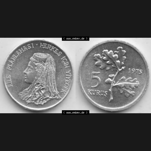 Grau bzw. s/w Münzen Türkei Gedenkmünze 1975-1975, 5 Kurus 1975, FAO - Familienplanung, Bild mit Vollansicht als Bildmaterial Sammlung Graustufen