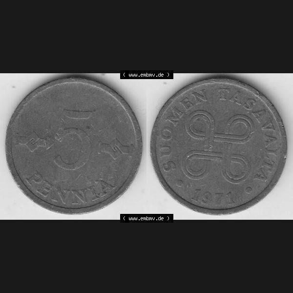 Grau bzw. s/w Münzen Finnland Umlaufmünze 1963-1977, 5 Penniä, 1971. Vorderseite und Rückseite horizontal auf einen digitalen Bild der alten finnischen Umlaufmünze aus Finnland... Sammlung Graustufen