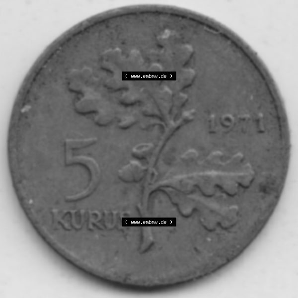 Grau bzw. s/w Münzen Türkei Umlaufmünze 1969-1973, 5 Kurus 1971. Rückseite der Münze der Türkei als Bildmaterial für Sammler und Münzen-Webseiten hier im online Katalog... Sammlung Graustufen