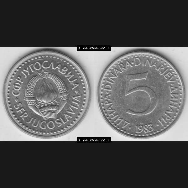 Grau bzw. s/w Münzen Jugoslawien Umlaufmünze 1982-1986, 5 Dinar 1983, Bild mit Vollansicht als Bildmaterial Sammlung Graustufen