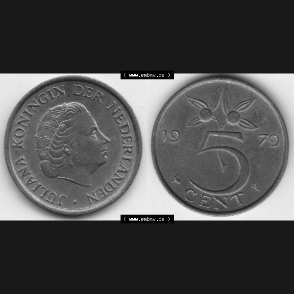 Grau bzw. s/w Münzen Niederlande Umlaufmünze 1979, 5 Cent, Bild mit Vollansicht Sammlung Graustufen