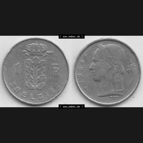 Grau bzw. s/w Münzen Belgien Umlaufmünze 1950-1988, 1 Francs-Franken 1964 Belgie. Vorderseite und Rückseite horizontal auf einen digitalen Bild der alten belgischen Francs Umlaufmünze... Sammlung Graustufen