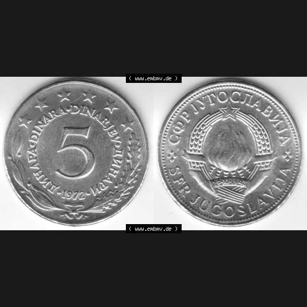 Grau bzw. s/w Münzen Jugoslawien Umlaufmünze 1971-1981, 5 Dinara, Dinarjev 1972, Bild mit Vollansicht als Bildmaterial Sammlung Graustufen