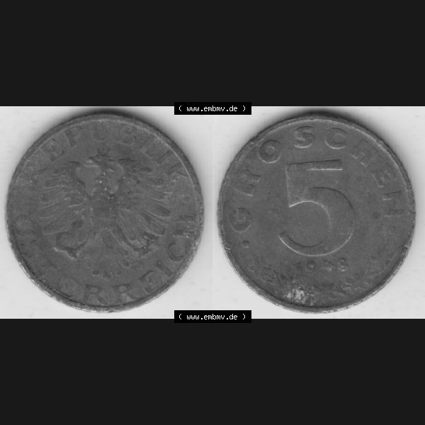Grau bzw. s/w Münzen Österreich Umlaufmünze 1948-1994, 5 Groschen 1948, Münze aus Österreich mit Münzseiten Horizontal / Nebeneinander auf einen Bild für Mobile-Geräte... Sammlung Graustufen
