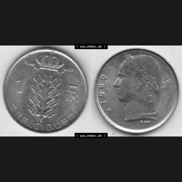 Grau bzw. s/w Münzen Belgien Umlaufmünze 1950-1988, 1 Franc 1980 Belgique. Vorderseite und Rückseite horizontal auf einen digitalen Bild der alten belgischen Francs Umlaufmünze aus Belgien... Sammlung Graustufen