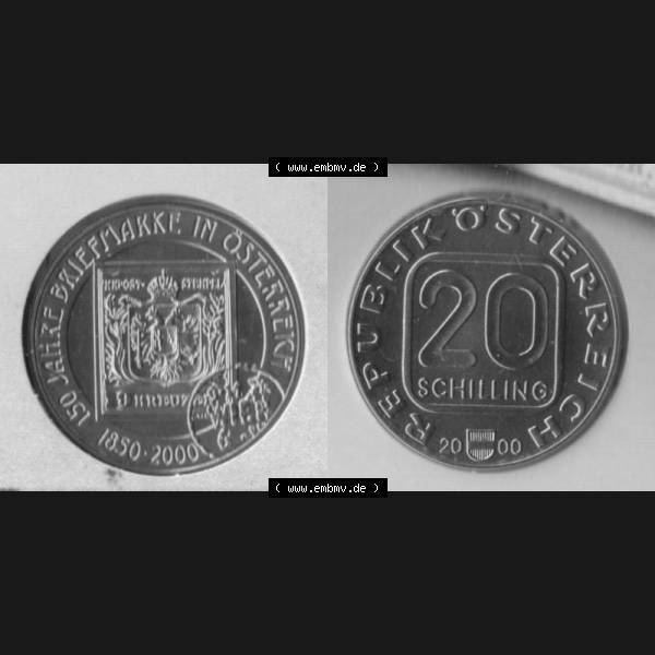 Grau bzw. s/w Münzen Österreich Umlaufmünze 2000-2000, 20 Schilling 150 Jahre Briefmarken, Münze aus Österreich mit Münzseiten Horizontal / Nebeneinander auf einen Bild... Sammlung Graustufen