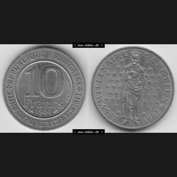 Grau bzw. s/w Münze Frankreich 1987-1987, 10 Francs 1000 Jahre König Hugo Capet erster König von Frankreich. Vorderseite und Rückseite horizontal auf einen digitalen Bild der alten französischen... Sammlung Graustufen