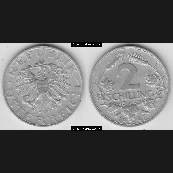 Grau bzw. s/w Münzen Österreich Umlaufmünze 1946-1952, 2 Schilling 1947, Münze aus Österreich mit Münzseiten Horizontal / Nebeneinander auf einen Bild für Mobile-Geräte... Sammlung Graustufen