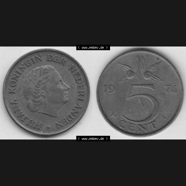 Grau bzw. s/w Münzen Niederlande Umlaufmünze 1950-1980, 5 Cent 1974, Bild mit horizontaler Vollansicht als Bildmaterial Sammlung Graustufen