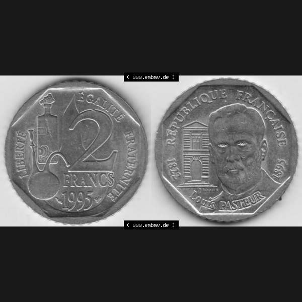 Grau bzw. s/w Münze Frankreich 1995-1995, 2 France Louis Rasteur. Vorderseite und Rückseite horizontal auf einen digitalen Bild der alten französischen Umlaufmünze aus Frankreich in... Sammlung Graustufen