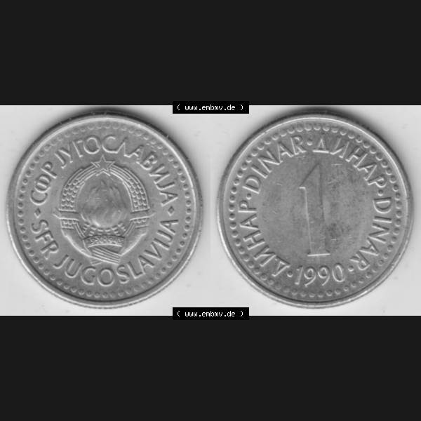 Grau bzw. s/w Münzen Jugoslawien Umlaufmünze 1990-1991, 1 Dinar 1990, Bild mit Vollansicht als Bildmaterial Sammlung Graustufen