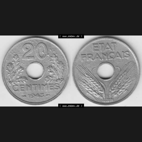 Grau bzw. s/w Münze Frankreich 1941-1944, 20 Centimes, Cent 1943. Vorderseite und Rückseite horizontal auf einen digitalen Bild der alten französischen Umlaufmünze aus Frankreich... Sammlung Graustufen