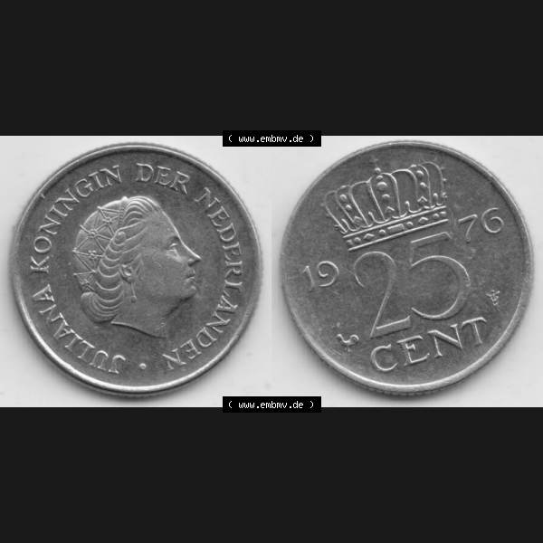 Grau bzw. s/w Münzen Niederlande Umlaufmünze 1950-1980, 25 Cent 1976, Bild mit horizontaler Vollansicht als Bildmaterial Sammlung Graustufen