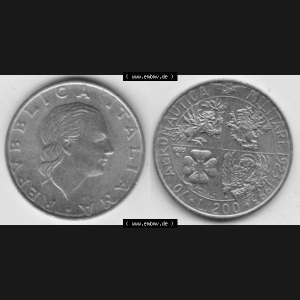 Grau bzw. s/w Münzen Italien Gedenkmünze 1993-1993, 200 Lire Militärischen Luftfahrt. Vorderseite und Rückseite horizontal auf einen digitalen Bild der alten italienischen Münze... Sammlung Graustufen