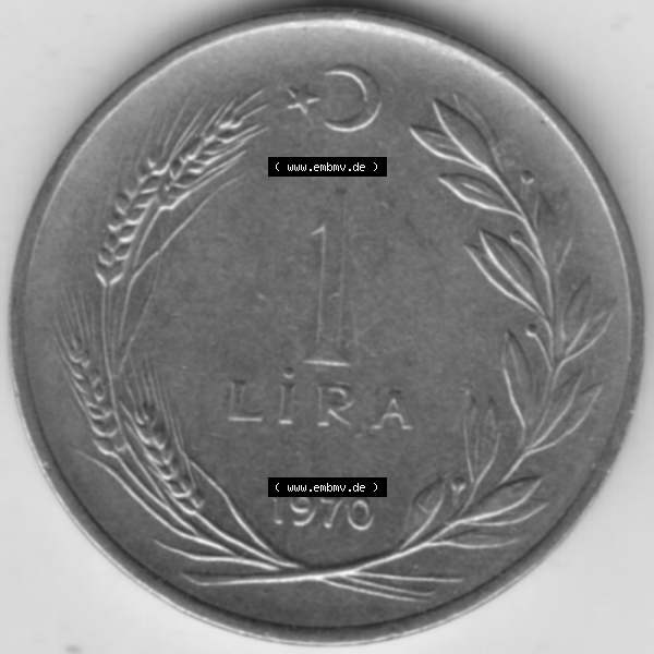 Grau bzw. s/w Münzen Türkei Umlaufmünze 1967-1980, 1 Lira 1970. Rückseite der Münze der Türkei als Bildmaterial für Sammler und Münzen-Webseiten hier im online Katalog... Sammlung Graustufen