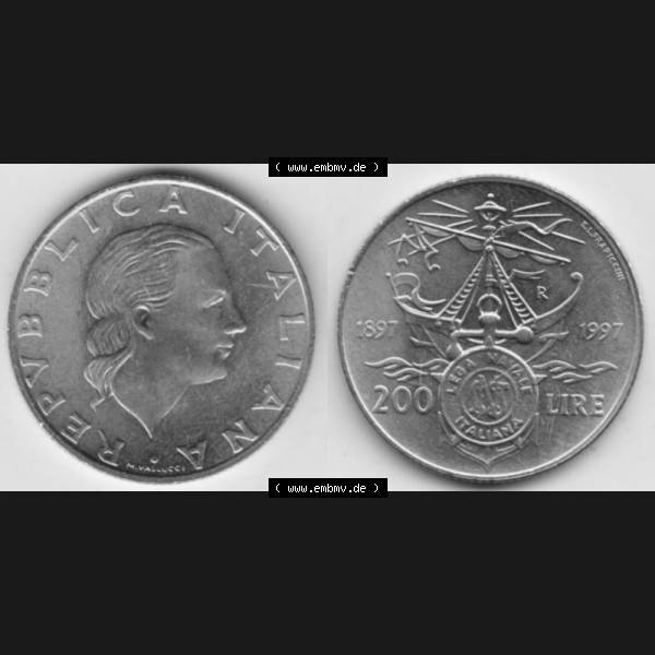 Grau bzw. s/w Münzen Italien Gedenkmünze 1997-1997, 200 Lire Italienische Meeresliga. Vorderseite und Rückseite horizontal auf einen digitalen Bild der alten italienischen Münze aus... Sammlung Graustufen
