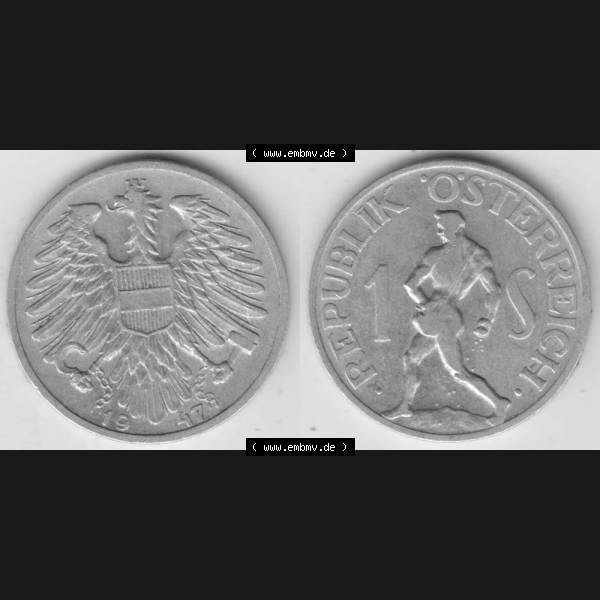 Grau bzw. s/w Münzen Österreich Umlaufmünze 1946-1957, 1 Schilling 1947 II., Münze aus Österreich mit Münzseiten Horizontal / Nebeneinander auf einen Bild für... Sammlung Graustufen