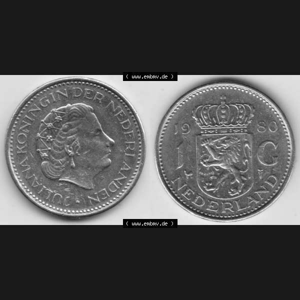 Grau bzw. s/w Münzen Niederlande Umlaufmünze 1967-1980, 1 Gulden 1980, Bild mit horizontaler Vollansicht als Bildmaterial Sammlung Graustufen