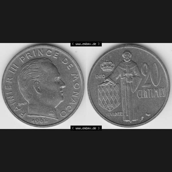 Grau bzw. s/w Münzen Monaco Umlaufmünze 1962-1995, 20 Centimes 1962 (3) Sammlung Graustufen
