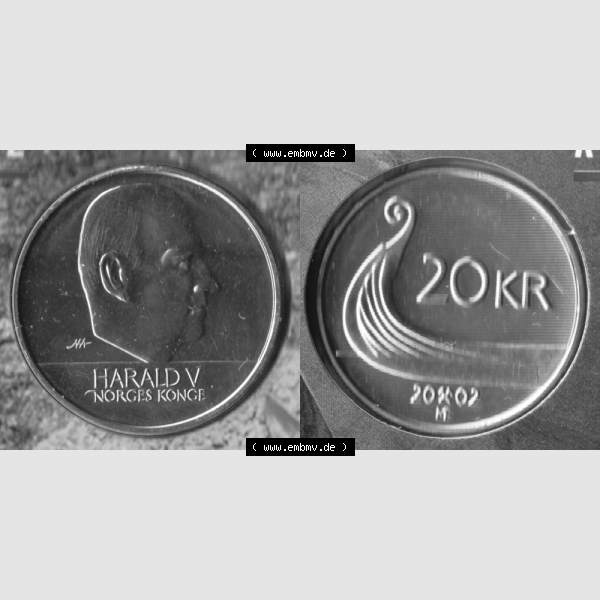 Grau bzw. s/w Münzen Norwegen Umlaufmünze 1994-2009, 20 KR, Kronen 2002, Münze aus Norwegen mit Münzseiten Horizontal / Nebeneinander auf einen Bild für Mobile-Geräte... Sammlung Graustufen
