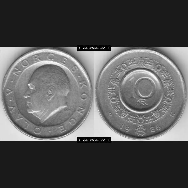 Grau bzw. s/w Münzen Norwegen Umlaufmünze 1983-1991, 10 Kronen 1986, Münze aus Norwegen mit Münzseiten Horizontal / Nebeneinander auf einen Bild für Mobile-Geräte als Bildmaterial... Sammlung Graustufen