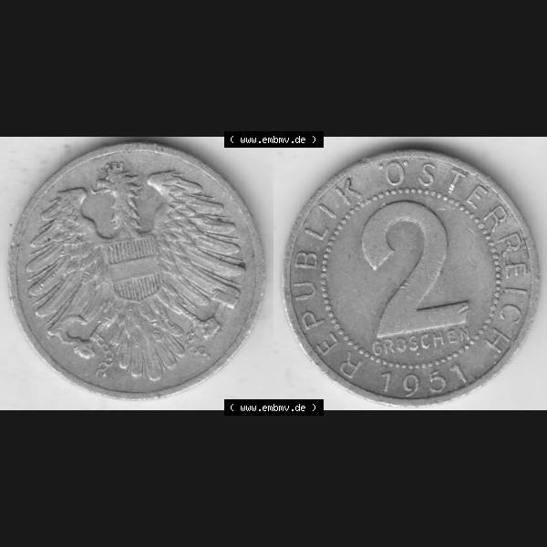 Grau bzw. s/w Münzen Österreich Umlaufmünze 1950-1994, 2 Groschen 1951, Münze aus Österreich mit Münzseiten Horizontal / Nebeneinander auf einen Bild für Mobile-Geräte... Sammlung Graustufen