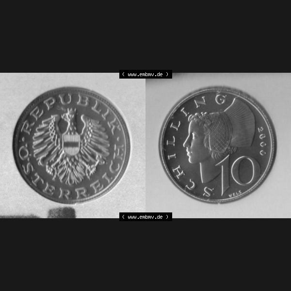 Grau bzw. s/w Münzen Österreich Umlaufmünze 1974-2001, 10 Schilling 2000, Münze aus Österreich mit Münzseiten Horizontal / Nebeneinander auf einen Bild für Mobile-Geräte... Sammlung Graustufen