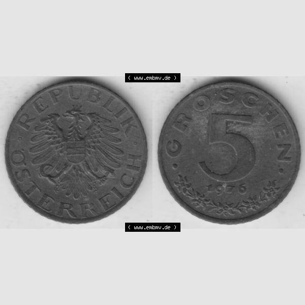 Grau bzw. s/w Münzen Österreich Umlaufmünze 1948-1994, 5 Groschen 1976, Münze aus Österreich mit Münzseiten Horizontal / Nebeneinander auf einen Bild für Mobile-Geräte... Sammlung Graustufen