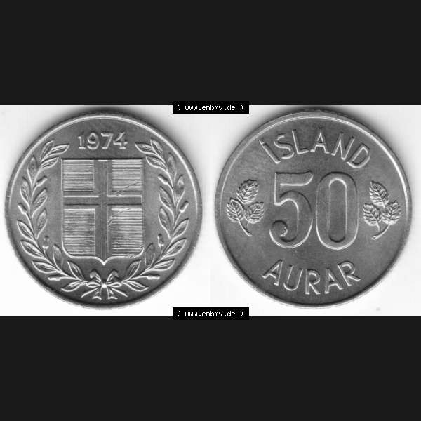 Grau bzw. s/w Münzen Island Umlaufmünze 1969-1974, 50 Aurar 1974. Vorderseite und Rückseite horizontal auf einen digitalen Bild der alten Isländischen Umlaufmünze aus Island in... Sammlung Graustufen