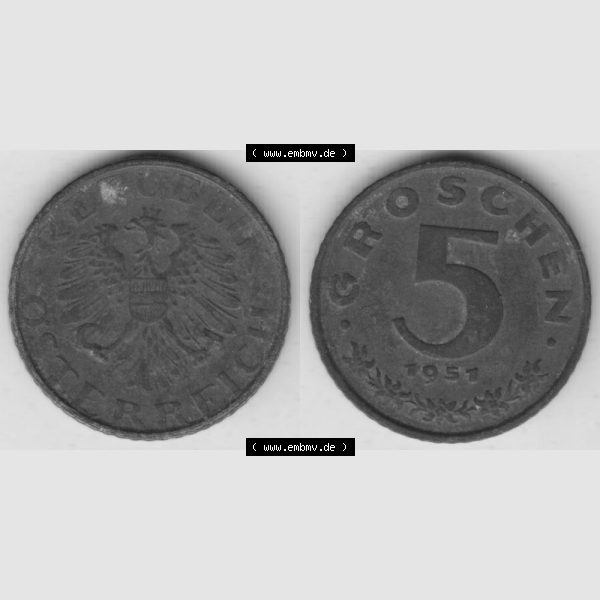 Grau bzw. s/w Münzen Österreich Umlaufmünze 1948-1994, 5 Groschen 1951, Münze aus Österreich mit Münzseiten Horizontal / Nebeneinander auf einen Bild für Mobile-Geräte... Sammlung Graustufen