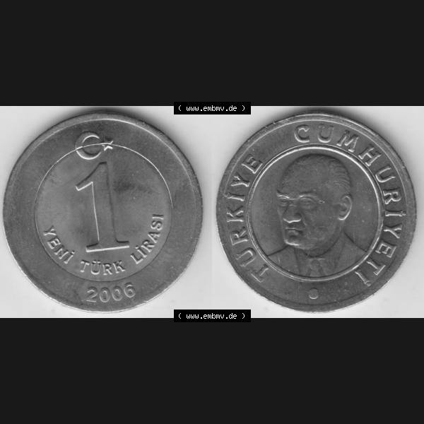 Grau bzw. s/w Münzen Türkei Umlaufmünze 2005-2008, 1 Yeni Neue Lira 2006. Vorderseite und Rückseite der Münze der Türkei auf einen Digitalen Bild, als Bildmaterial für... Sammlung Graustufen